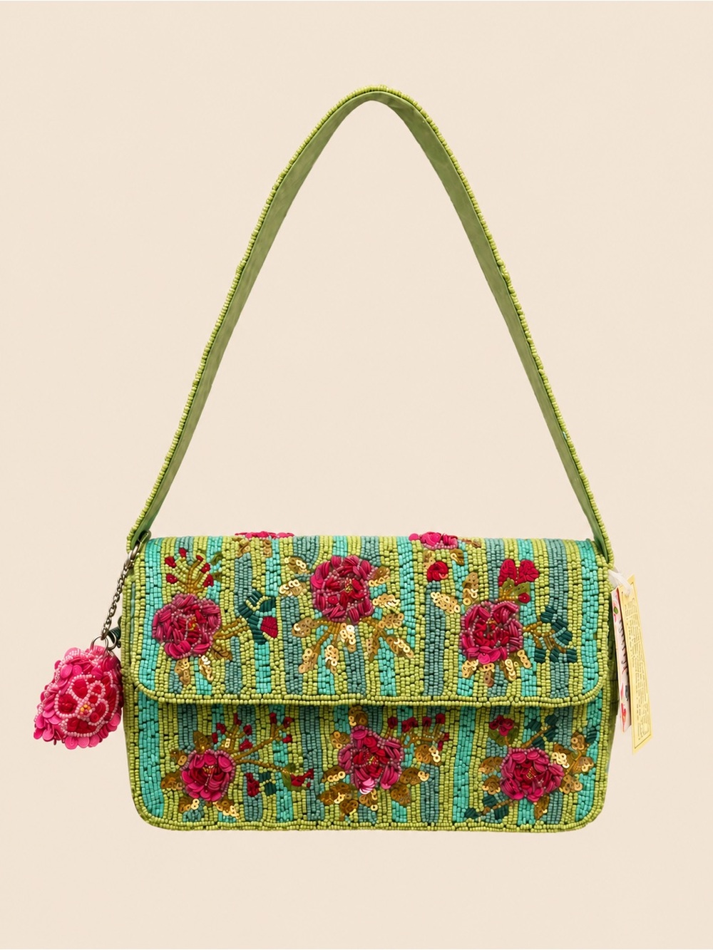 Beaded Floral Shoulder Bag in Green and Pink